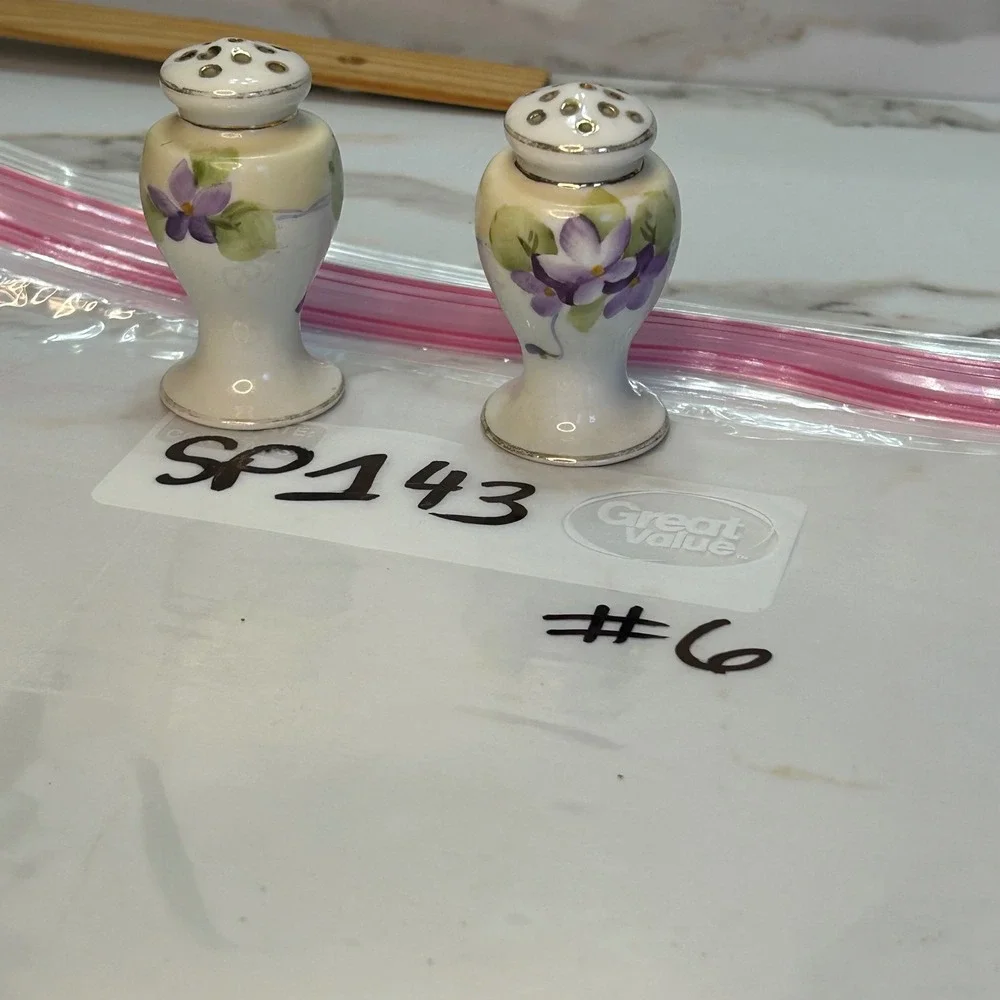 Vintage Nippon Hand Painted Porcelain Salt and Pepper Shakers Violets Gold